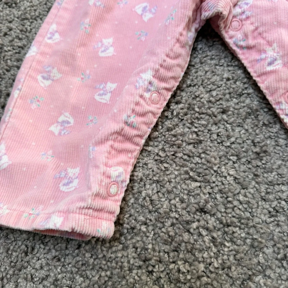 Vintage OshKosh B'gosh Kitten Print Cat Pink Corduroy Overalls Bow Baby Girl 12M